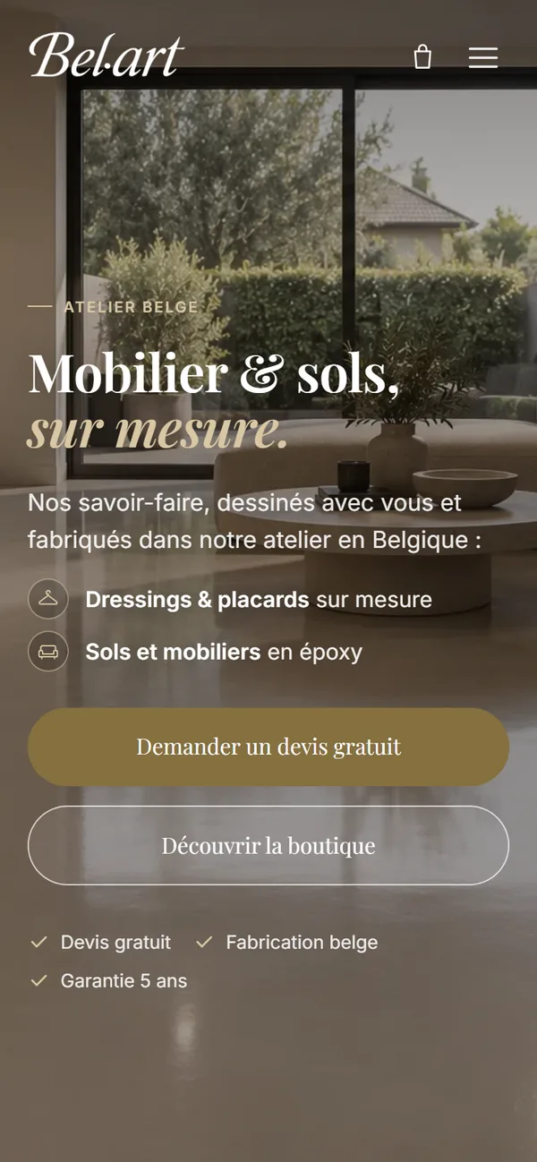 Page d’accueil du site Belart sur téléphone
