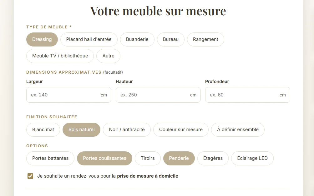 Le devis sur mesure : type de meuble, dimensions, finition et options (site Belart)