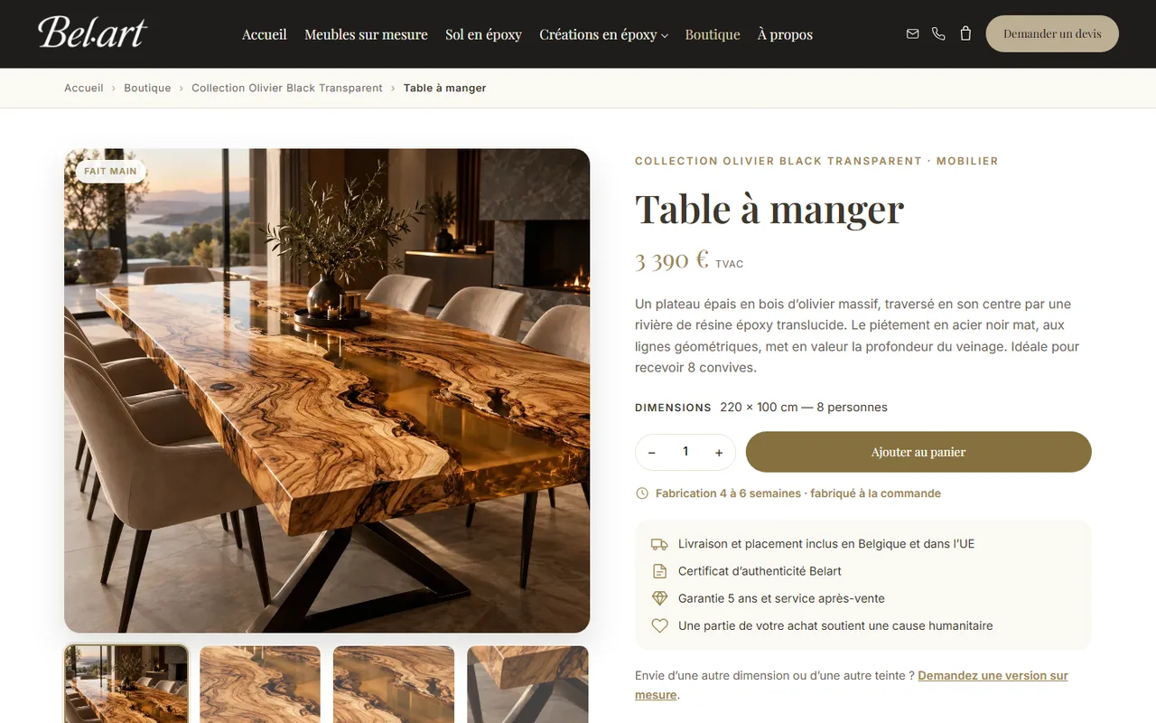 Une fiche produit : prix, ajout au panier, livraison et garantie (site Belart)
